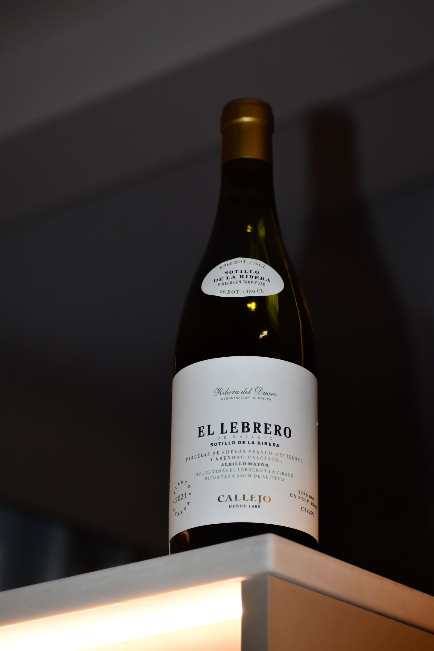 White Ribera Del Duero on a white marble countertop in kitchen