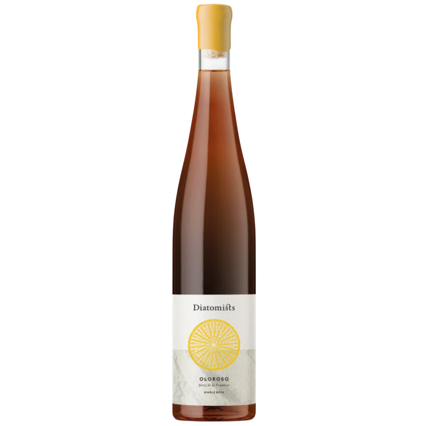 Bottle of Oloroso Sherry Jerez from Diatomists, with yellow circle depicting fossil on label and yellow wax on cap