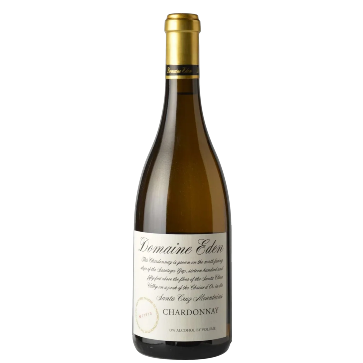 A bottle of Domaine Eden Chardonnay white wine, featuring a dark glass bottle with a gold foil capsule and a cream-colored label, set against a plain white background.