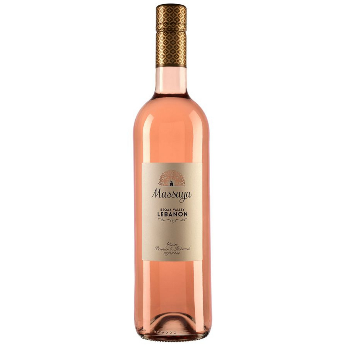 A bottle of Massaya Cinsault Rosé from Lebanon, showing the pinkish-rose liquid inside a clear glass bottle with a beige label and a gold patterned cap, set against a plain white background.