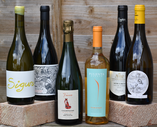 Collection of wine bottles with various labels on a wooden surface