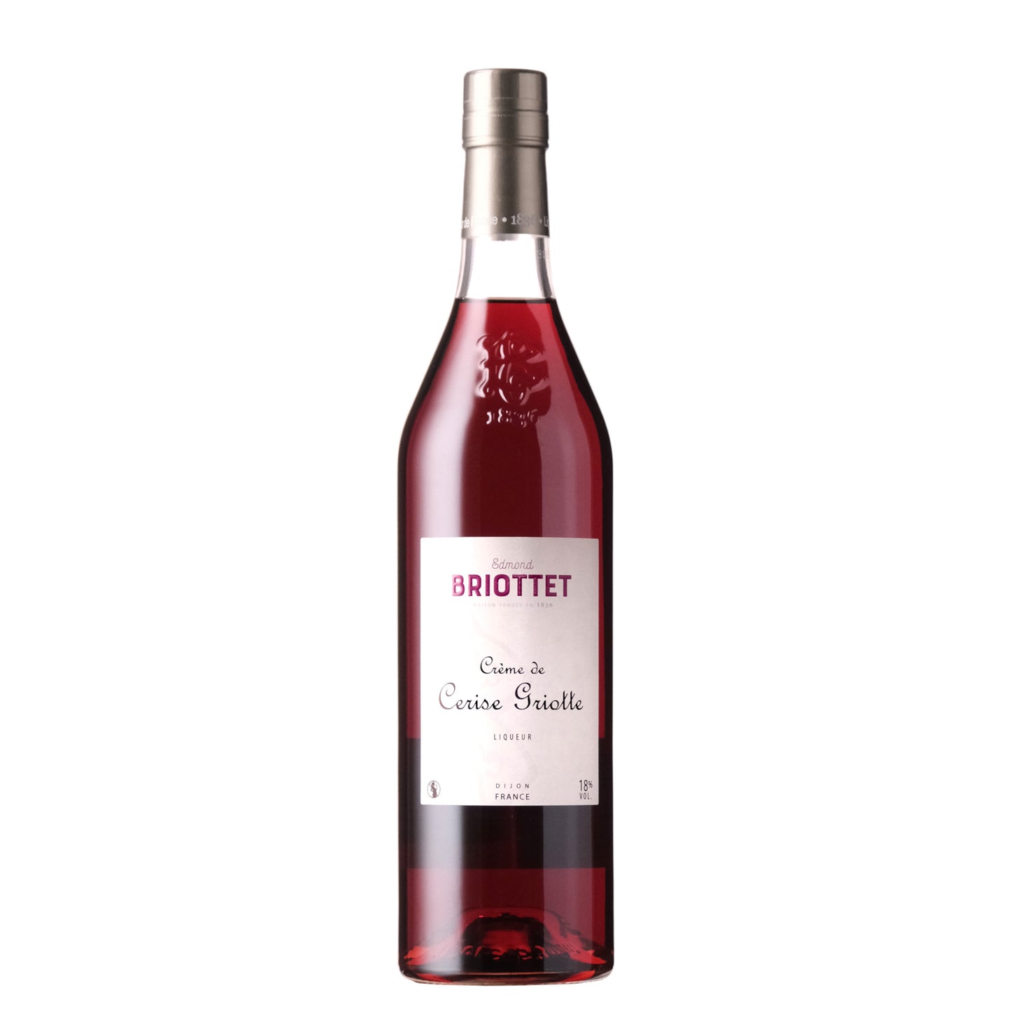 Briottet Creme de Cerise Liqueur Bottle on a White Background