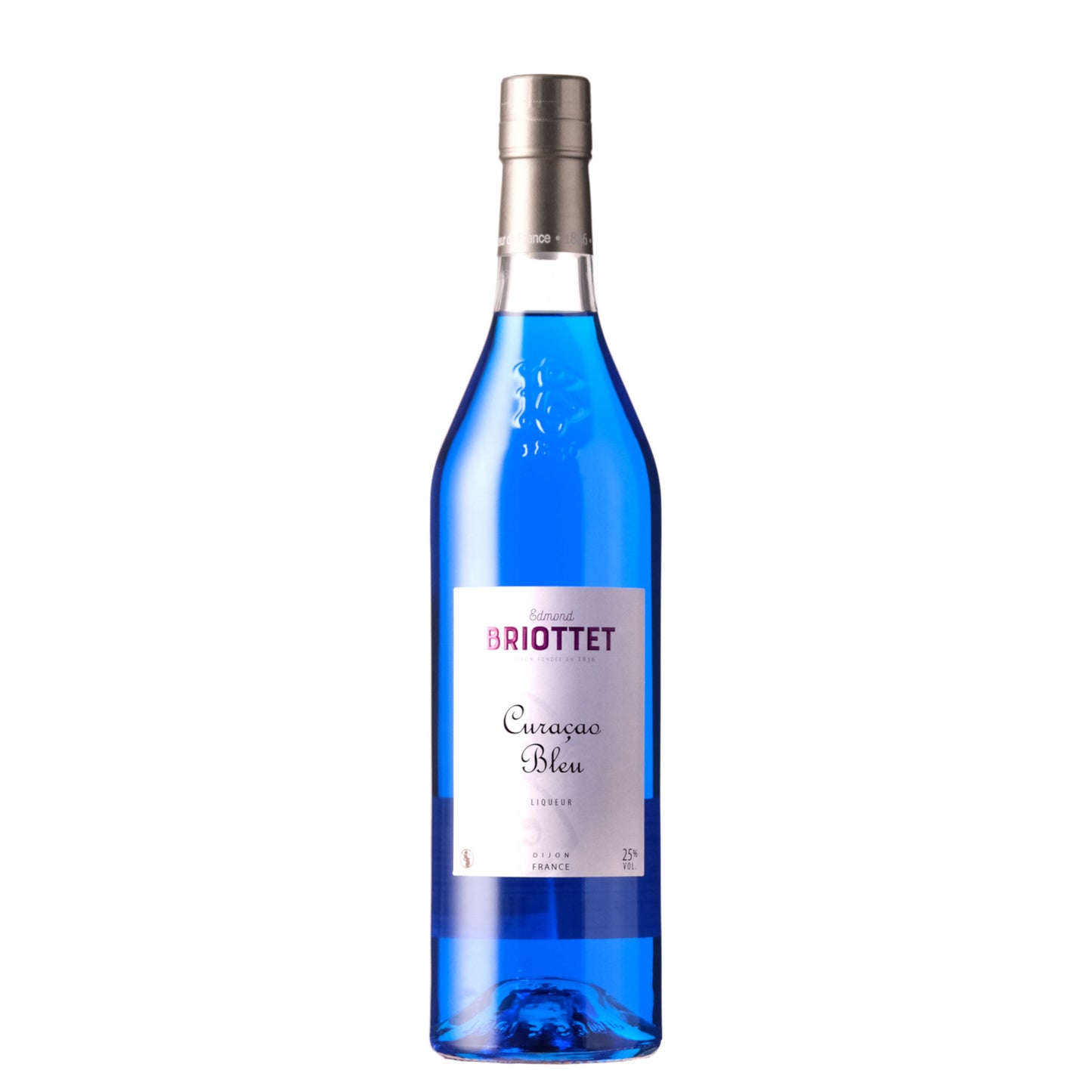 Briottet Curacao Bleu Liqueur Bottle on a White Background