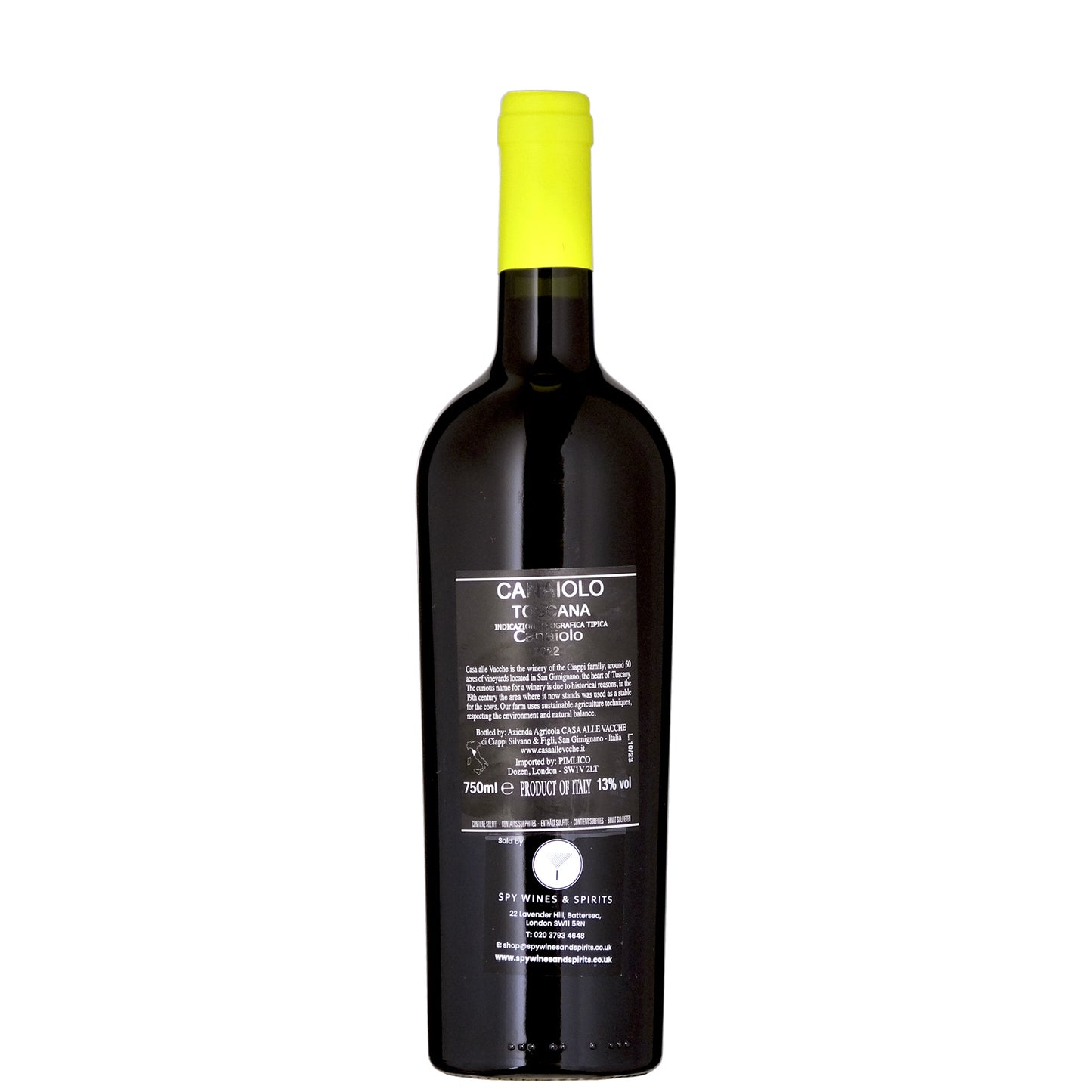 Casa Alle Vacche Canaiolo Back Label Wine Bottle on a White Background