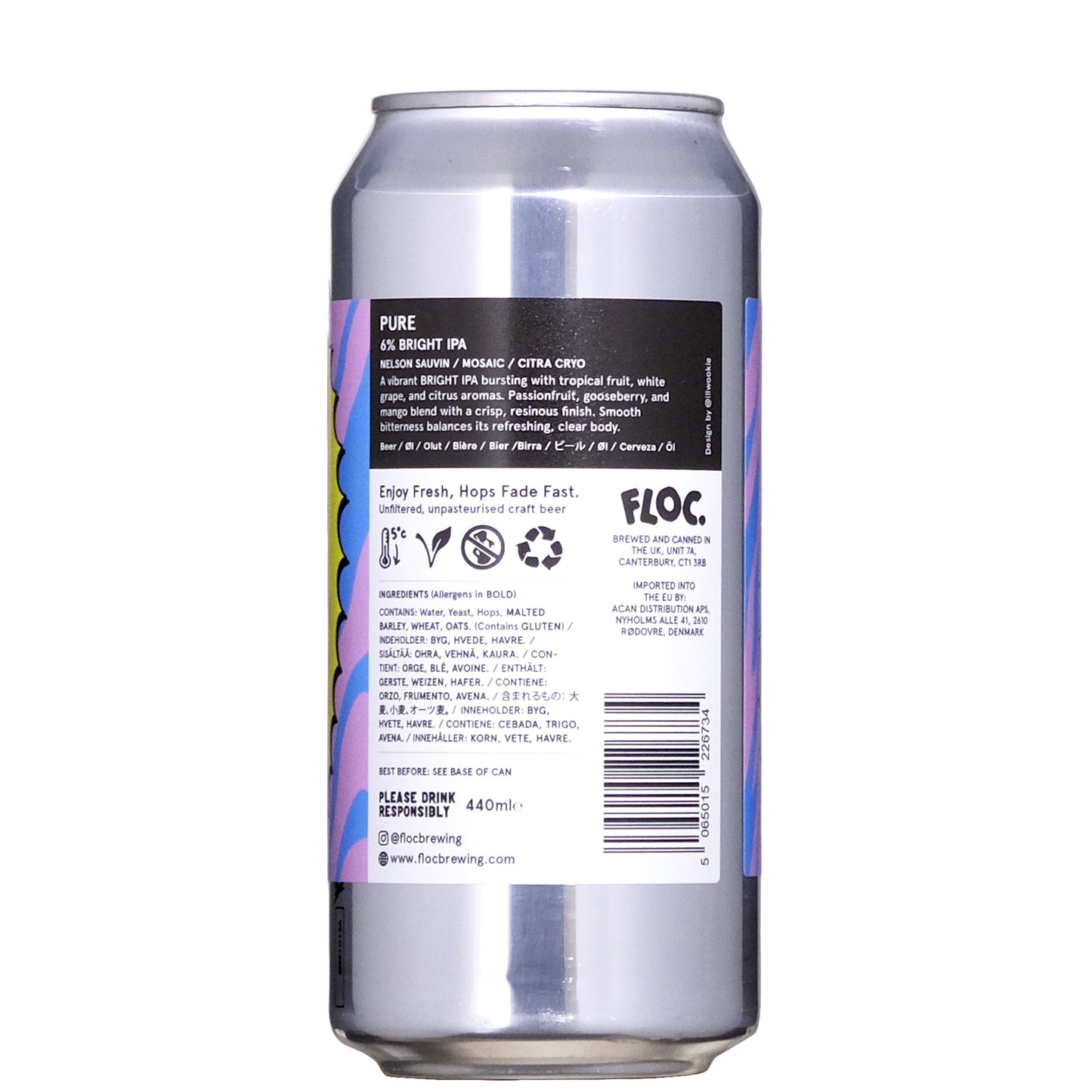 Floc Pure I.P.A 6% Back Label Beer Can on a White Background