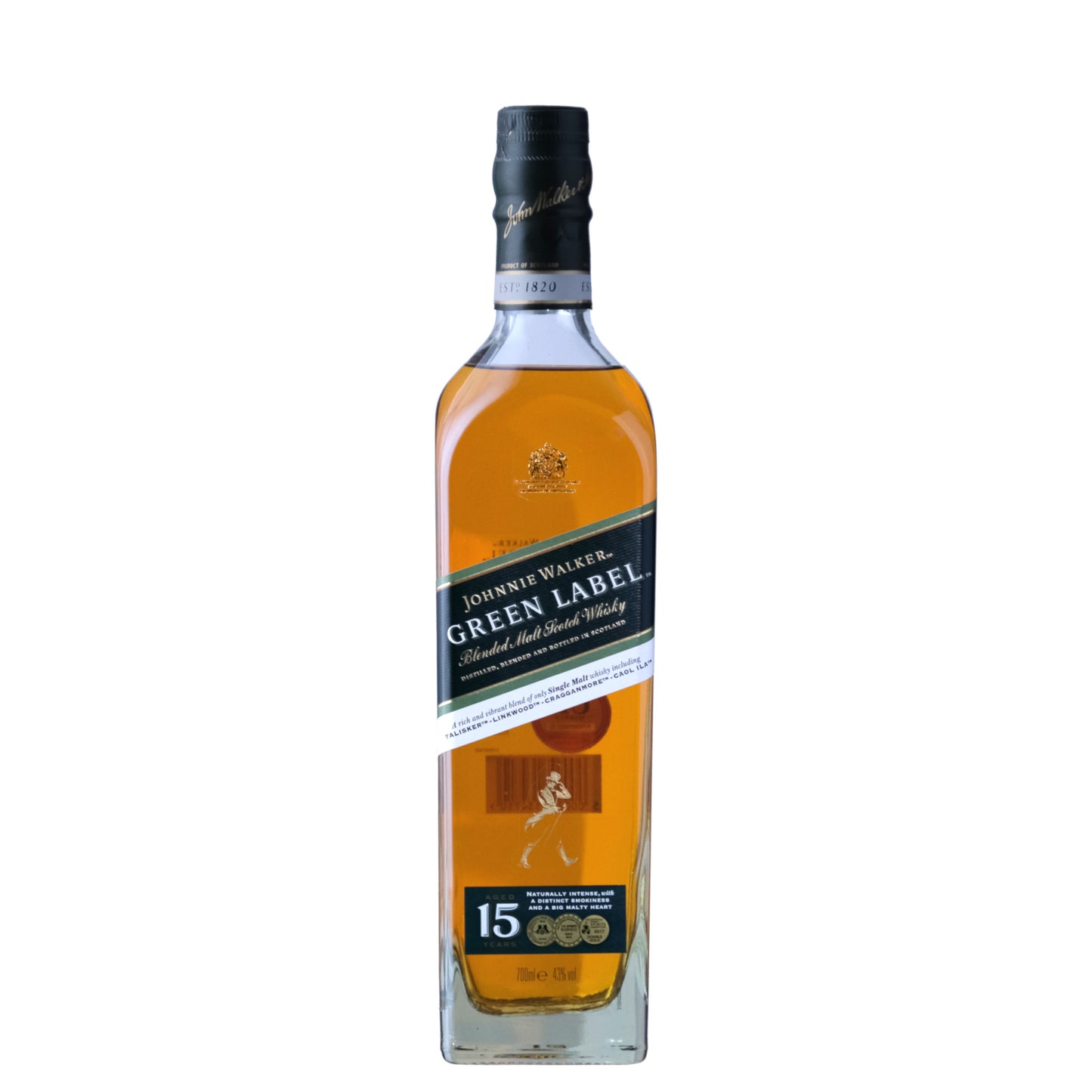 Johnnie Walker Green Label Whisky Bottle on a White Background