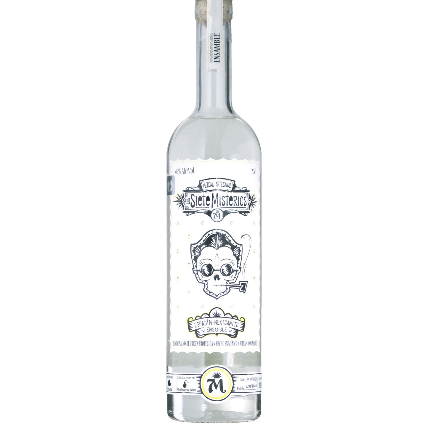 Los Siete Misterios Espadin/Mexicanito Mezcal Bottle on a White Background