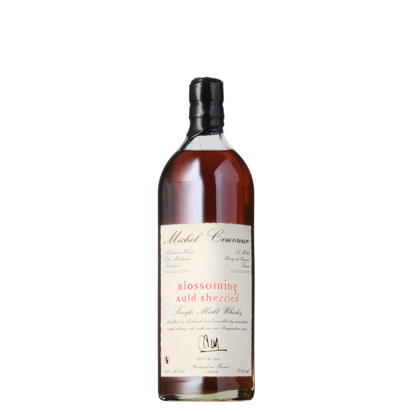 Michel Couvreur Blossoming Auld Sherried French Whisky Bottle on a White Background