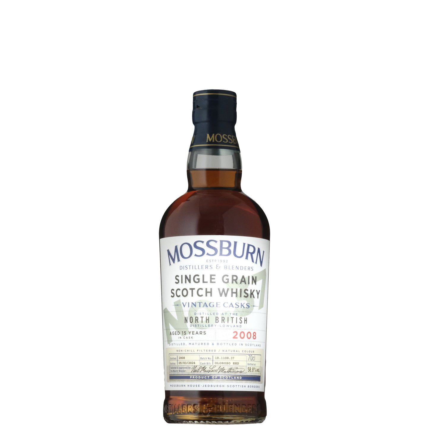 Mossburn #37 North British Scotch Whisky Bottle on a White Background