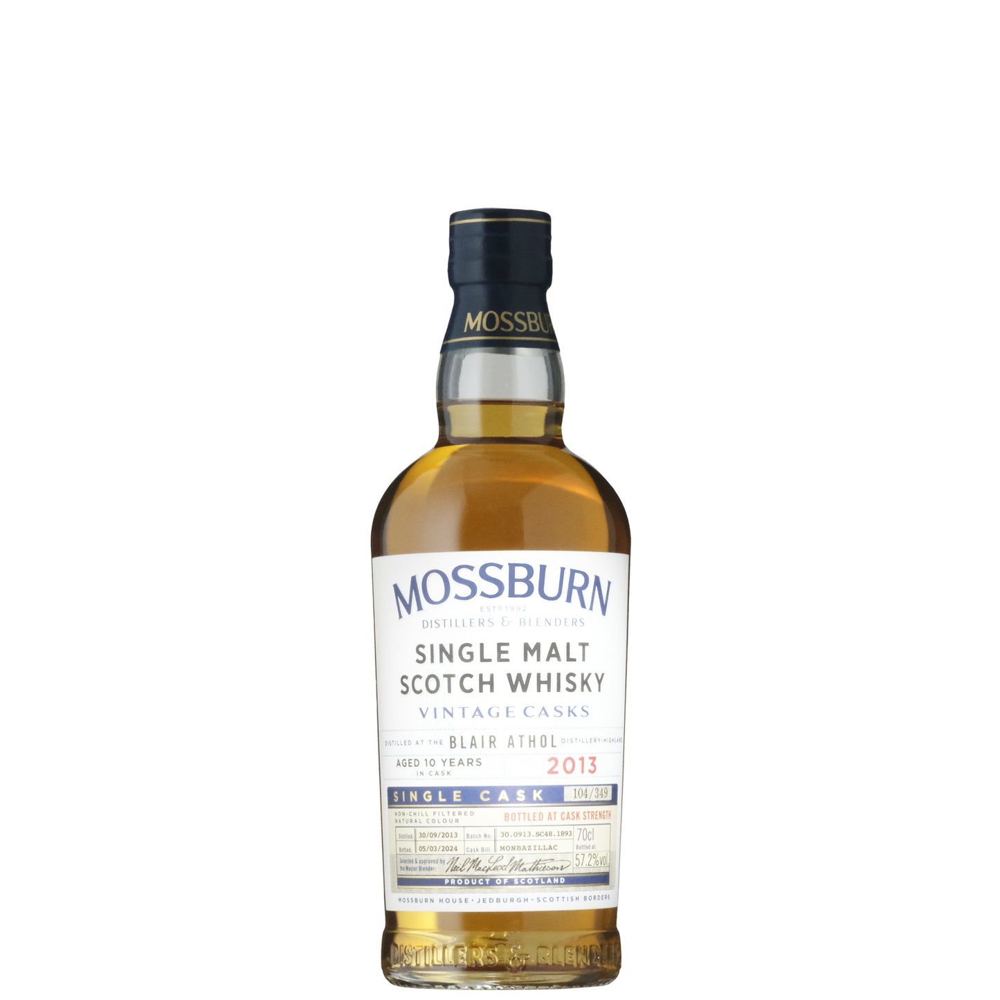 Mossburn Single Casks Blair Athol 2013 Scotch Whisky Bottle on a White Background