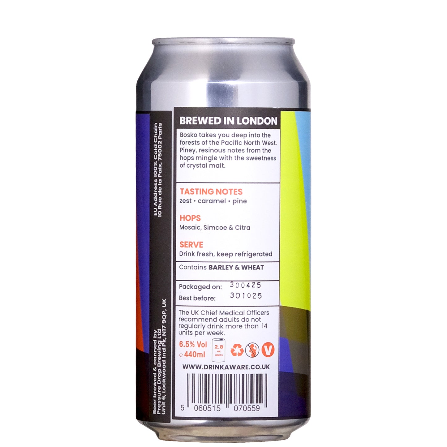 Pressure Drop Bosko 6.5% Can Back Label on a White Background