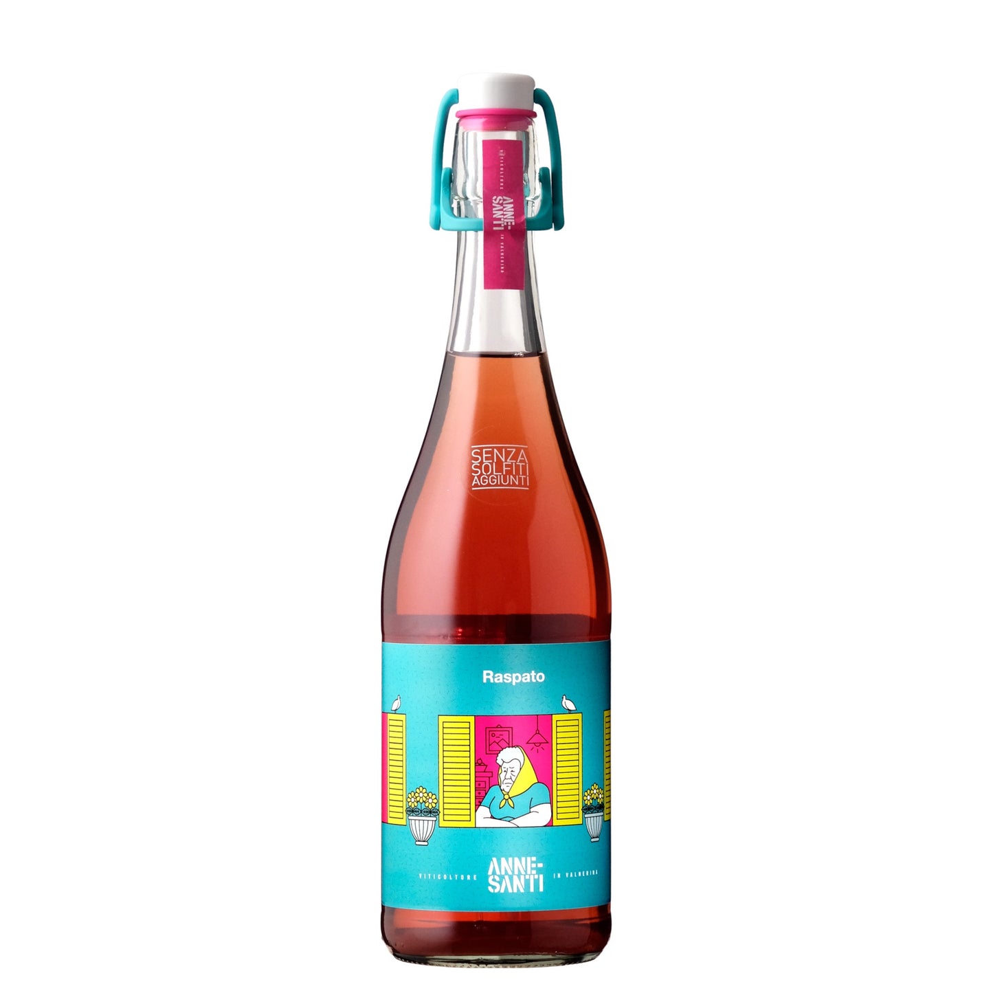 A bottle of Anne Santi Raspato Rosa Pet-Nat with a pink and blue label
