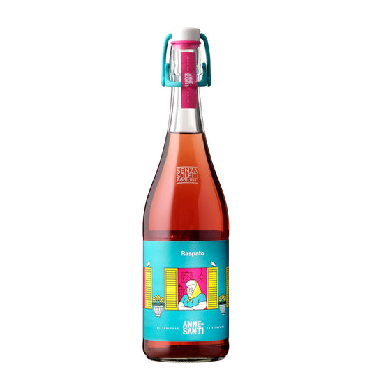 A bottle of Anne Santi Raspato Rosa Pet-Nat with a pink and blue label, indicating it is a sparkling wine with a 11.5% alcohol by volume.