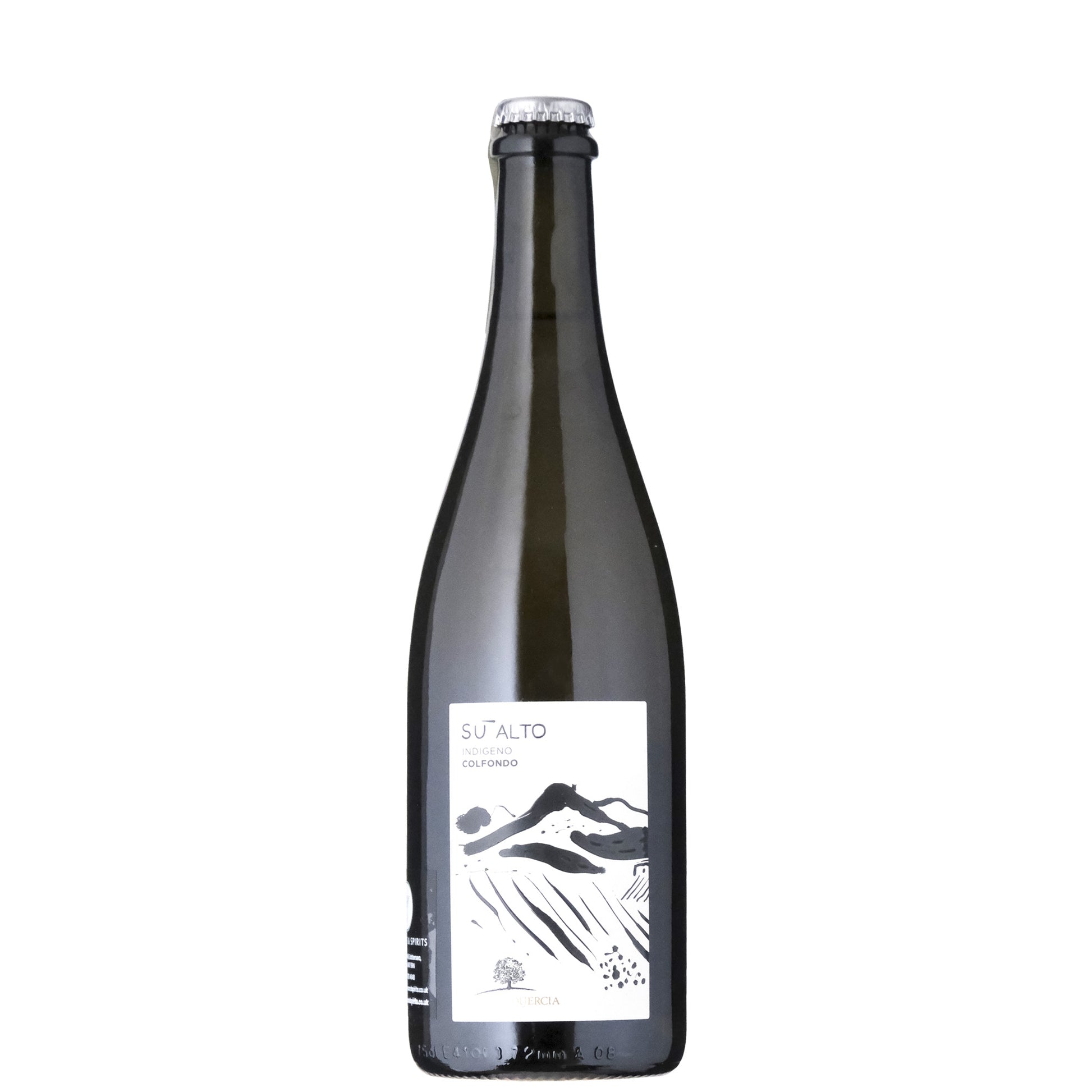Bottle of Colfondo Prosecco from Antica Quercia, called Su Alto and with black-and-white drawing of mountains on the label.