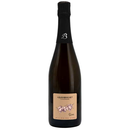 Bottle of Vintage Rose Champagne from Louis Brochet, with pink grapes on label.