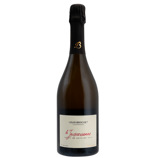 Vintage Champagne from Pinot Meunier planted in 1966, called La Jacquessonne, from Louis Brochet. Brown label with red writing.