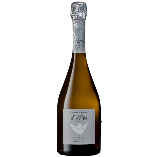 Bottle of Philippe Glavier Blanc de Blancs Champagne from Cramant, with an angel on the silver label.