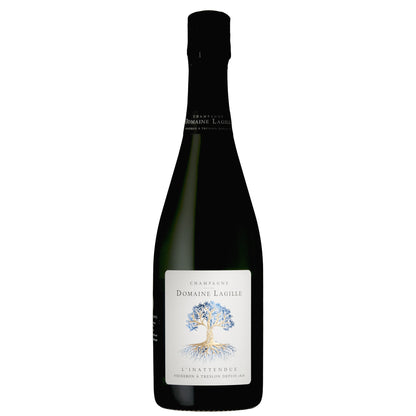 Domaine Lagille l'Inattendue Champagne Bottle with a blue tree on label 