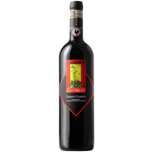 A bottle of Chianti Classico Italian red blend Sangiovese, Merlot and Cabernet Sauvignon from Cantalici