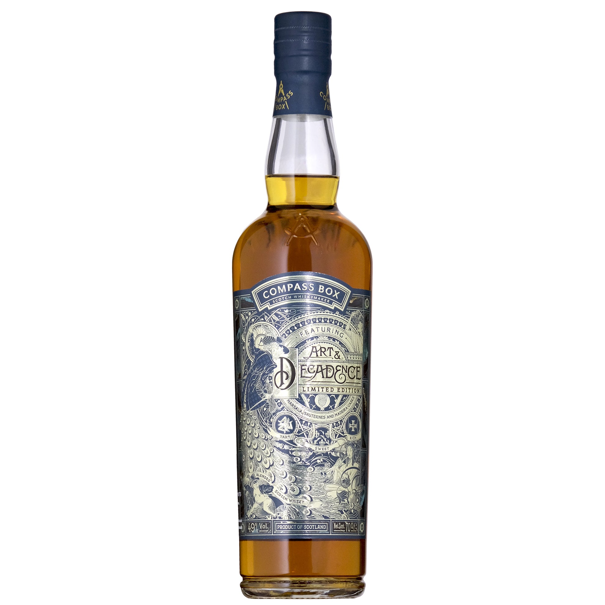 Bottle of Compass Box Art & Decadence whisky on a white background