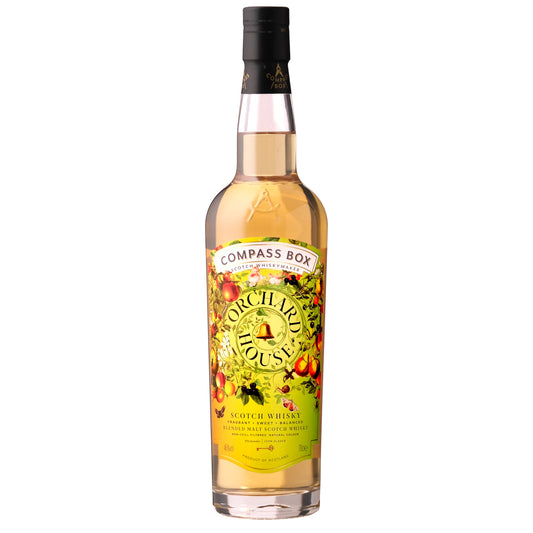 Bottle of Compass Box Orchard House whisky on a white background