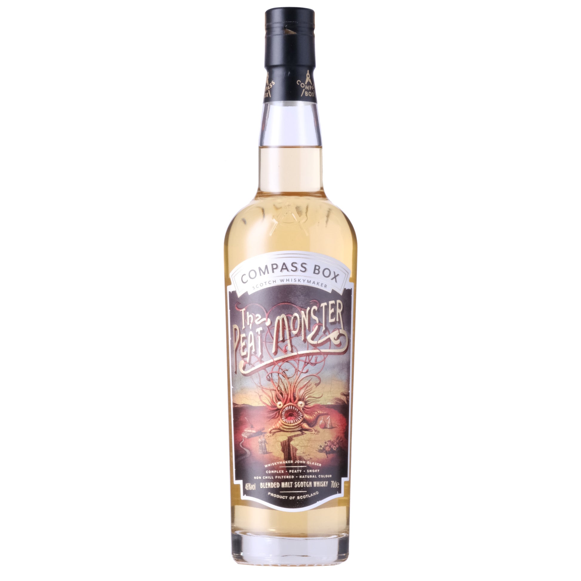 Bottle of Compass Box The Peat Monster blended scotch whisky on a white background