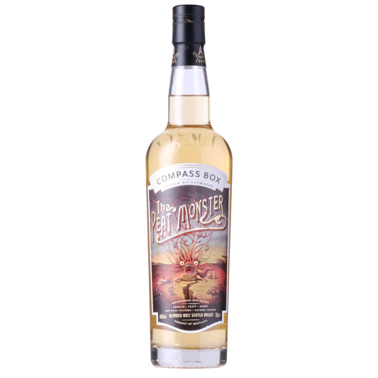 Bottle of Compass Box The Peat Monster blended scotch whisky on a white background
