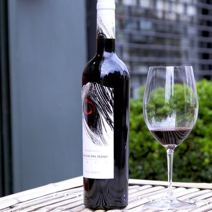 Corazon del Indio Cabernet Sauvignon Blend Chile In Glass on Wooden Table Outside