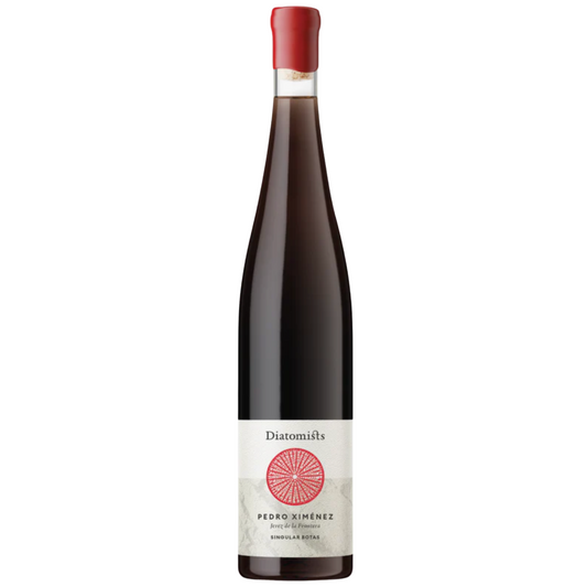 Bottle of PX Sherry from Diatomists with red circle of fossil on label and red wax over cork