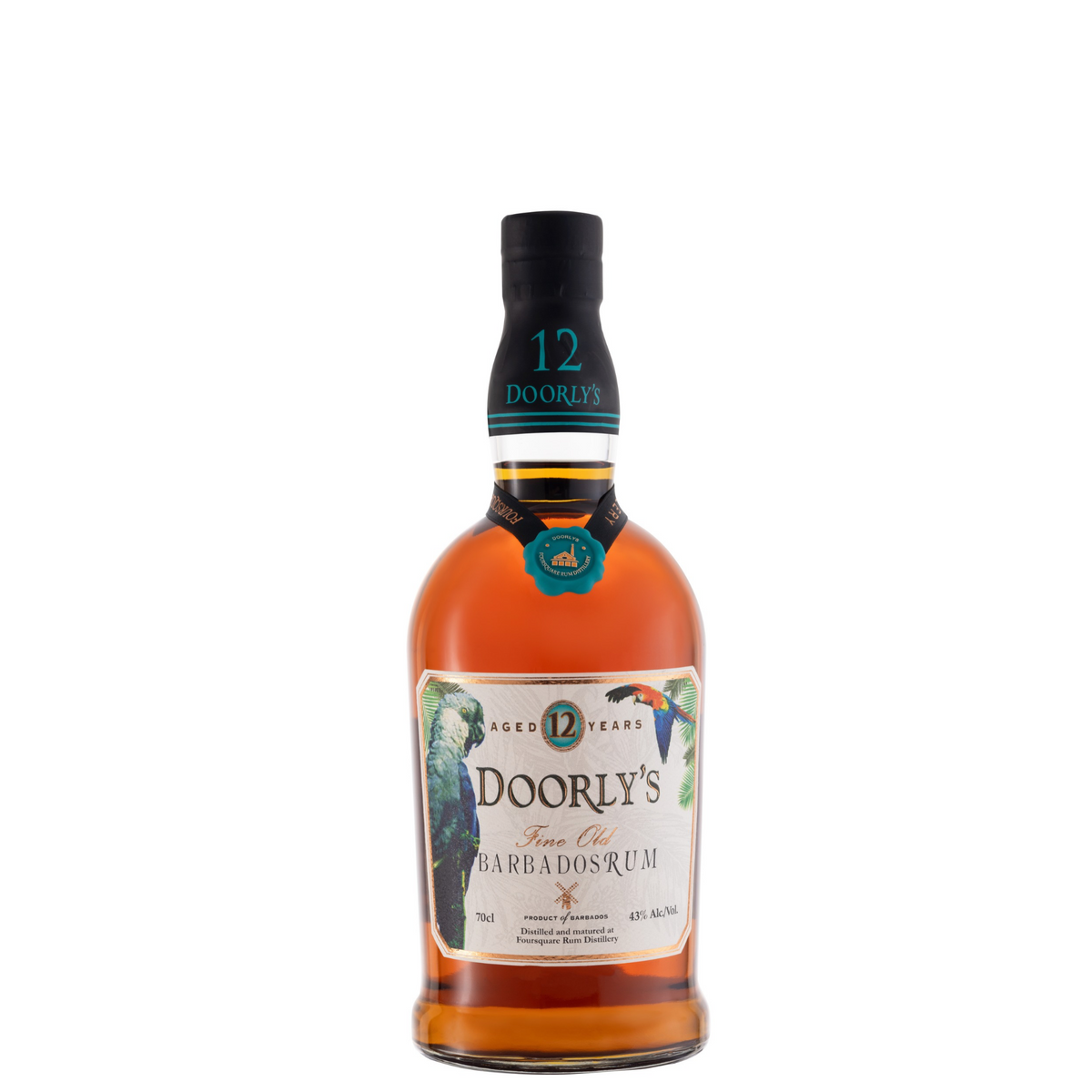 A bottle of Doorly's 12 Years Old Barbados Rum whiskey, showing the amber liquid inside a clear glass bottle with a white and green label and a black neck seal, set against a plain white background.