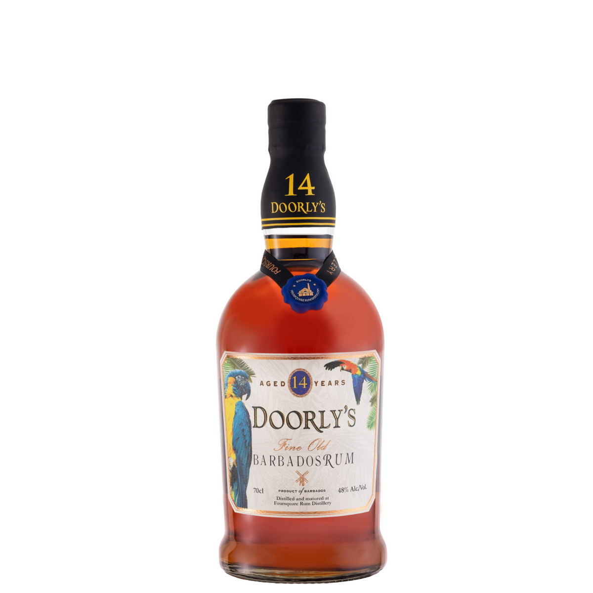 A bottle of Doorly's Fine Old Barbados Rum, distilled at Foursquare on a plain white background. The bottle is filled with amber-colored rum and features a white label with colorful parrot illustrations, a black neck label with gold lettering, and a blue wax seal.