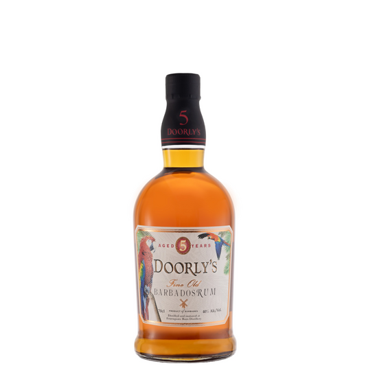 A bottle of Doorly's Fine Old Barbados Rum with amber liquid, a cream label featuring colorful parrots, and a black neck seal, set against a plain white background.
