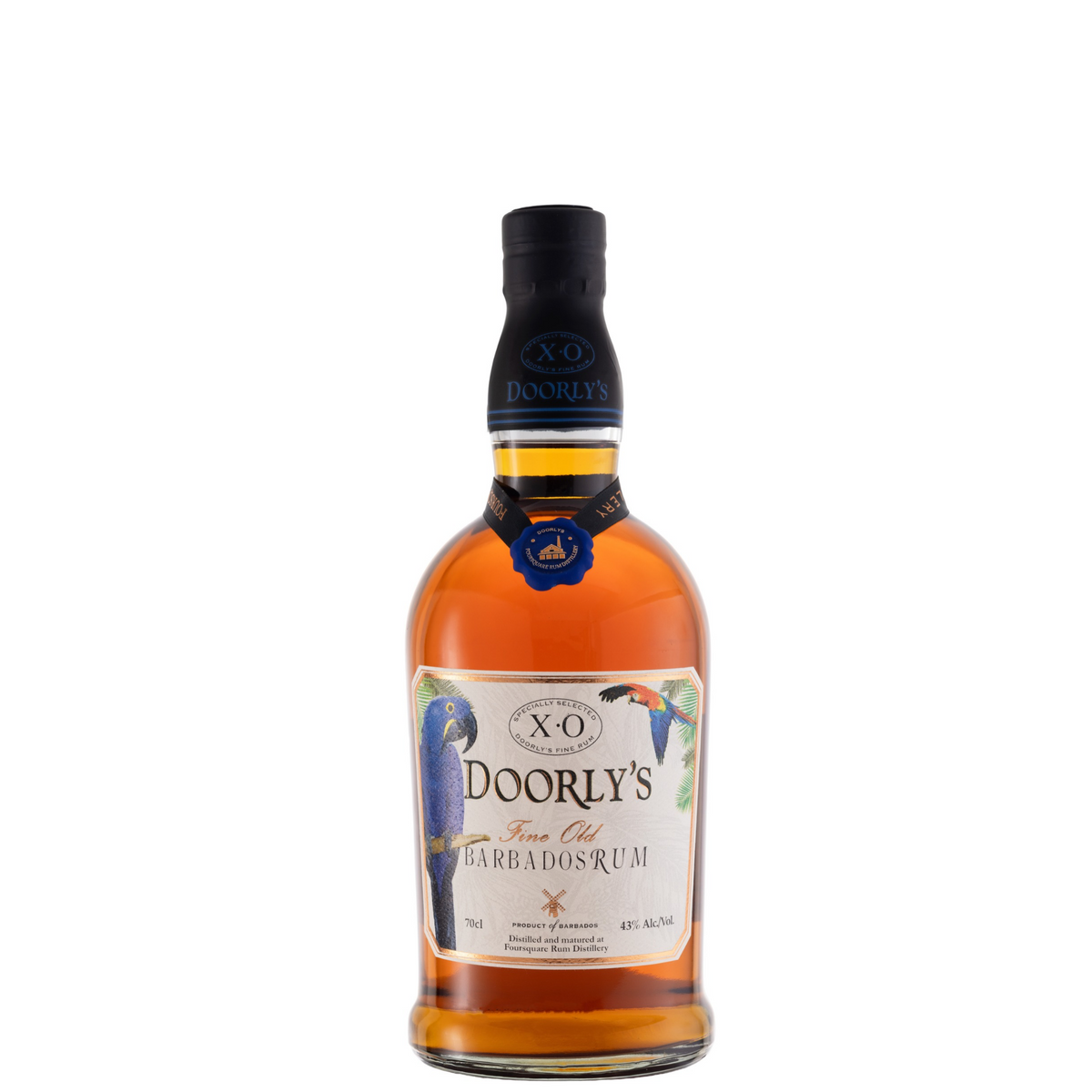 A bottle of Doorly's Barbados rum with amber liquid, a black neck seal, and a white label featuring colourful parrot illustrations, set against a plain white background.