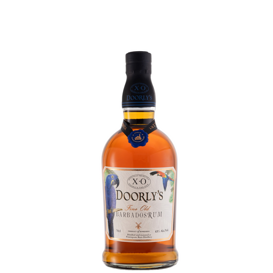 A bottle of Doorly's Barbados rum with amber liquid, a black neck seal, and a white label featuring colourful parrot illustrations, set against a plain white background.