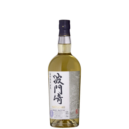 Bottle of Japanese whisky with a white label on a white background