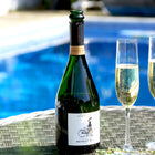 Bottle of champagne with a woman with a bike on the label and two filled glasses by a poolside