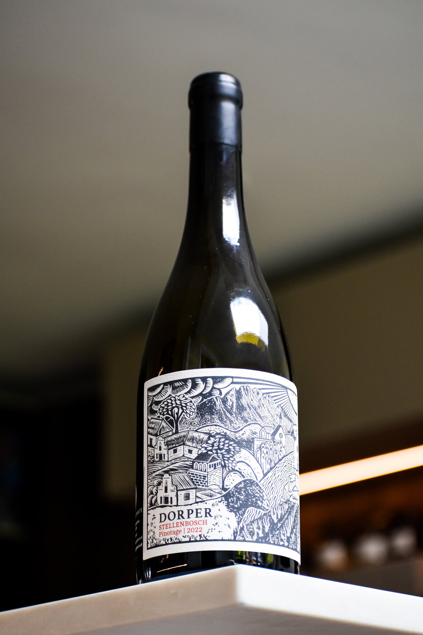 Holder Dorper Pinotage Stellenbosch bottle in kitchen