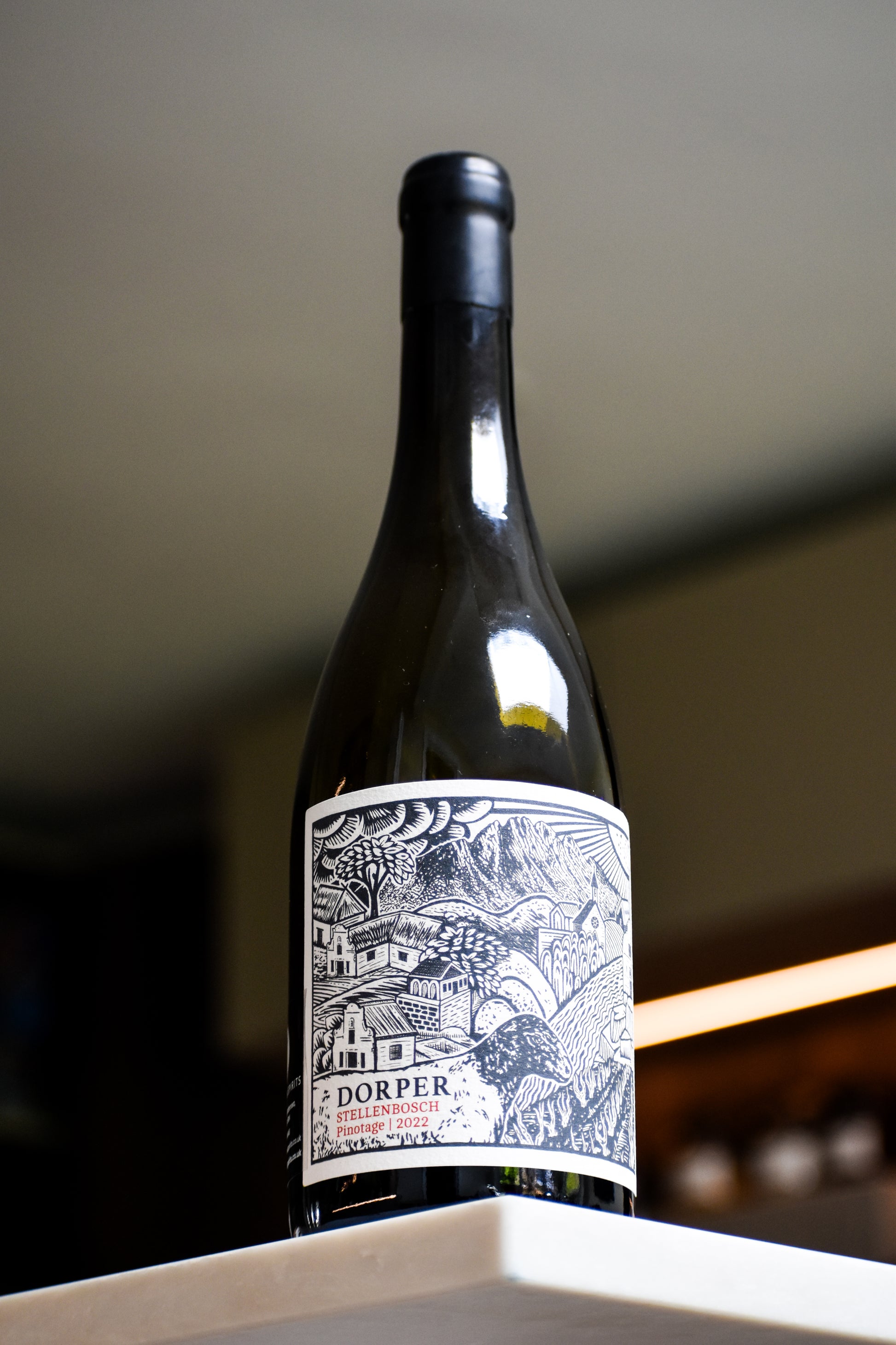 Holder Dorper Pinotage Stellenbosch bottle in kitchen