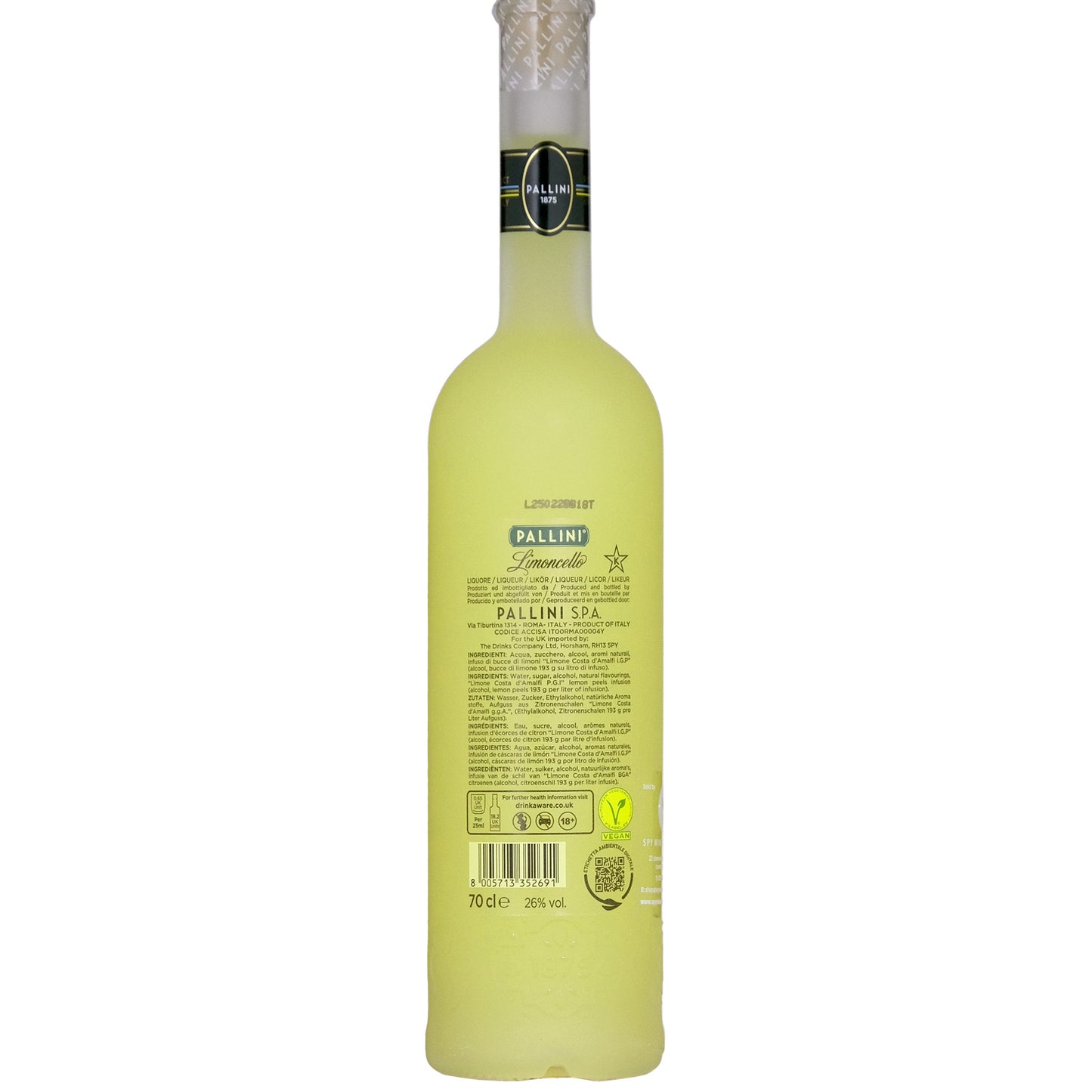 Bottle of Pallini Limoncello on a white background