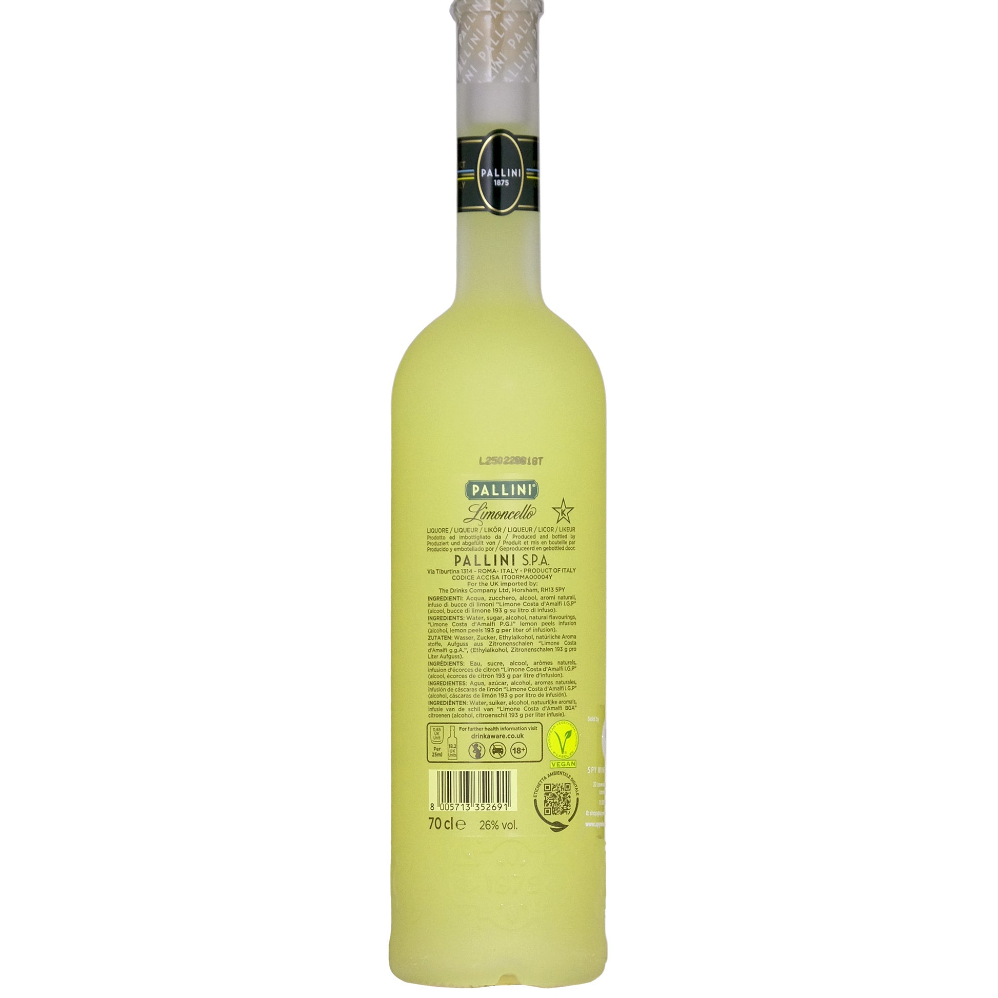 Bottle of Pallini Limoncello on a white background