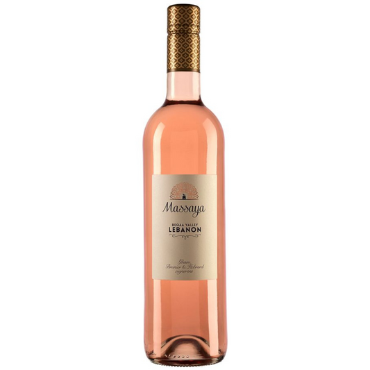 A bottle of Massaya Cinsault Rosé from Lebanon, showing the pinkish-rose liquid inside a clear glass bottle with a beige label and a gold patterned cap, set against a plain white background.