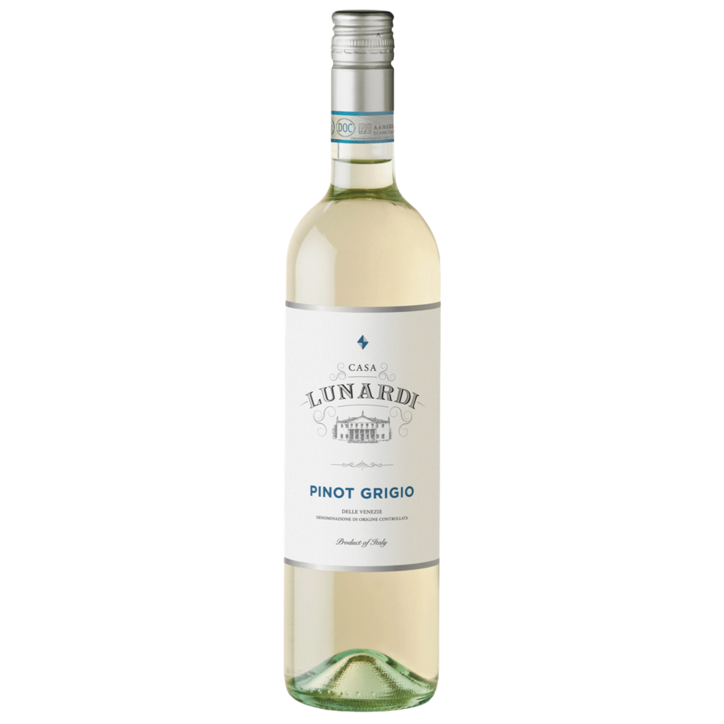 Bottle of Casa Lunardi Pinot Grigio wine from Italy on a white background