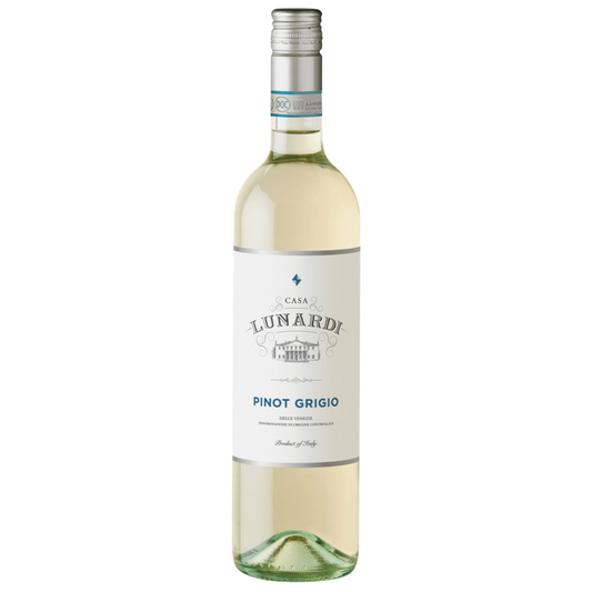 Bottle of Casa Lunardi Pinot Grigio wine from Italy on a white background