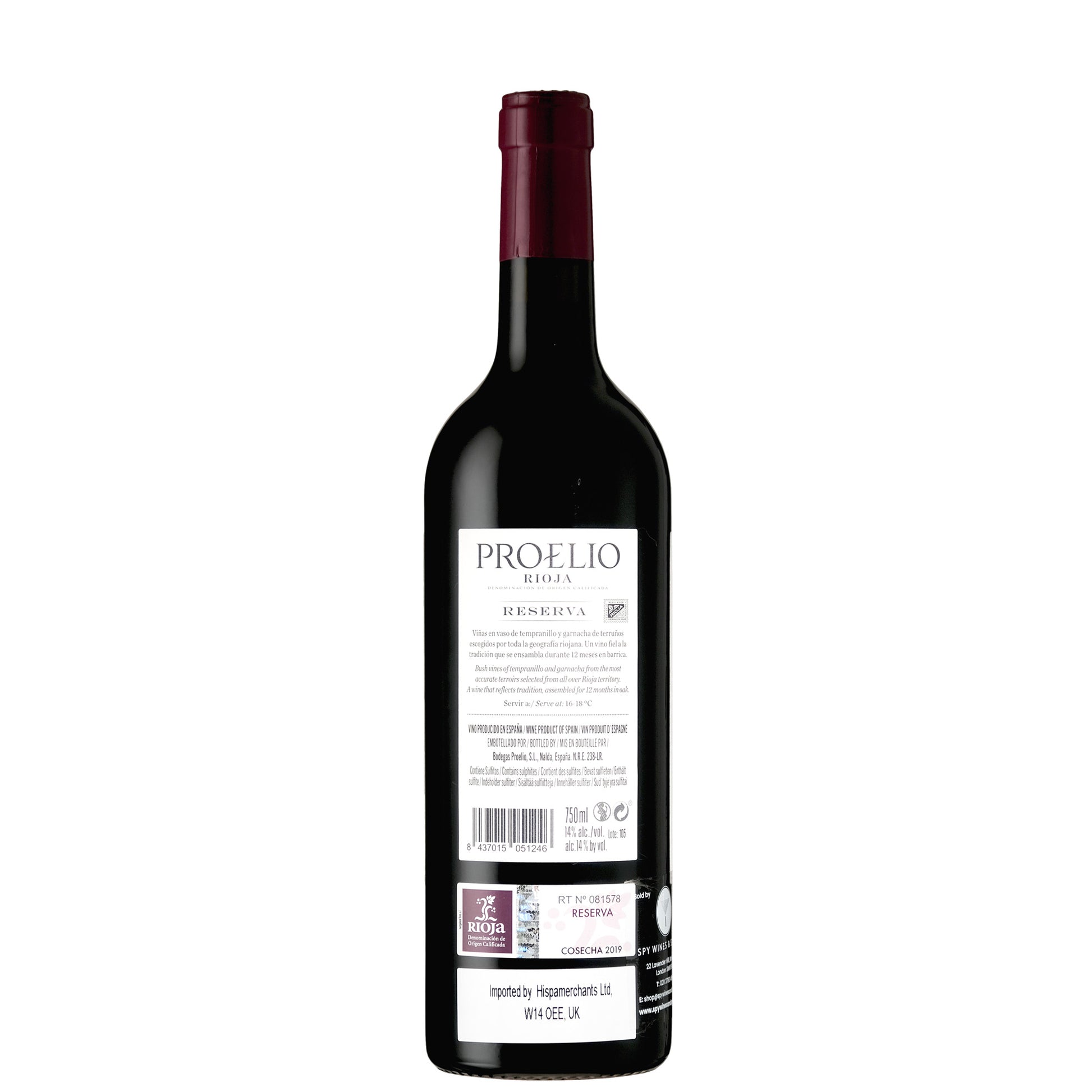 Proelio Rioja Reserva Tempranillo Garnacha Back Label