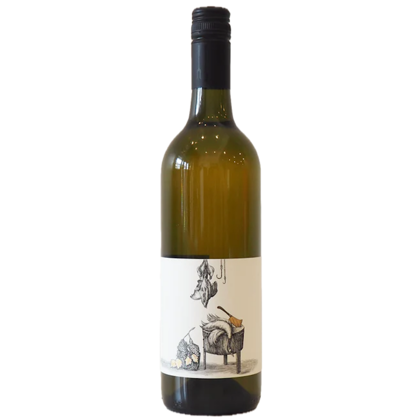 Bottle of Ravensworth Fiano & Trebbiano White Australian with butcher depiction on white label