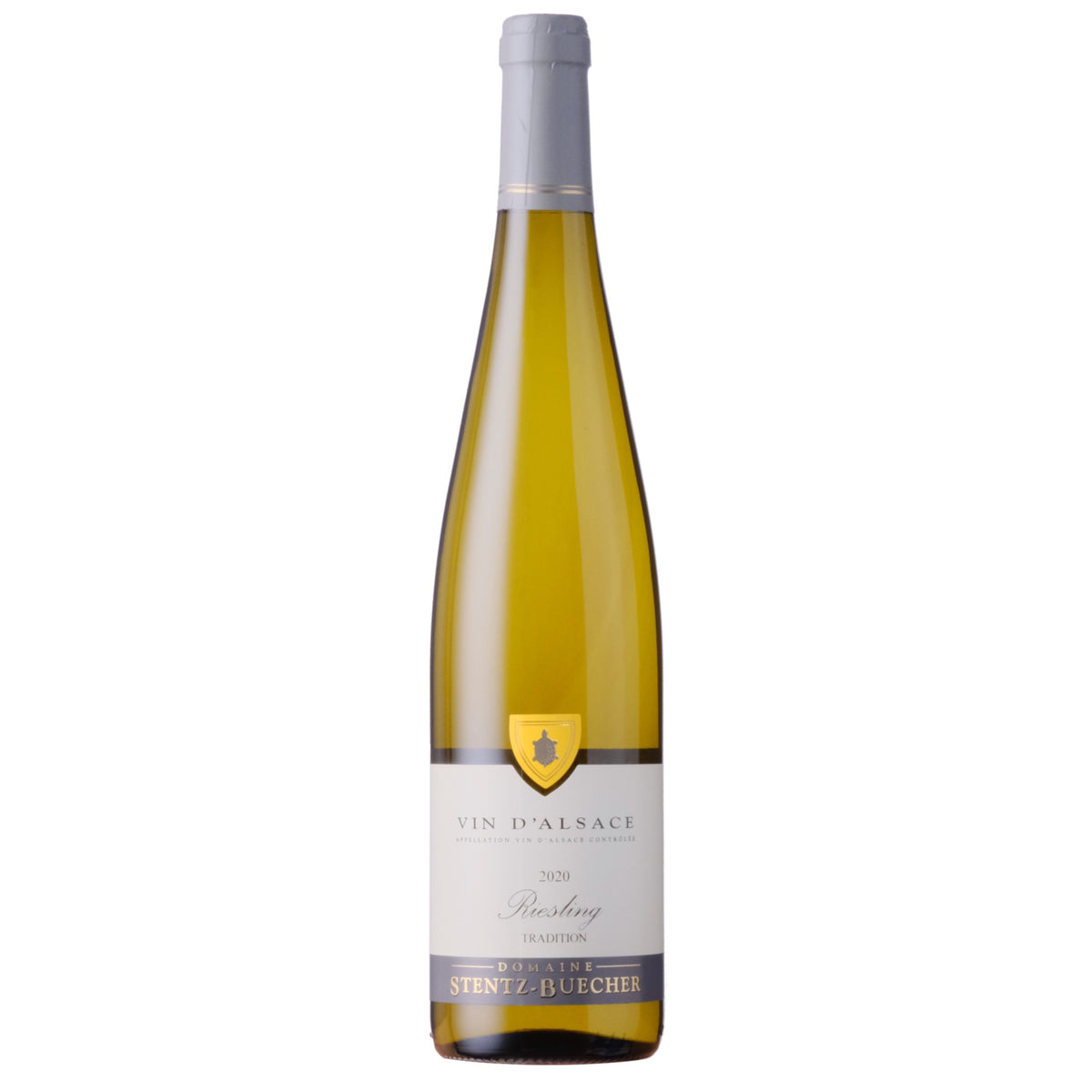 Bottle of Domaine Stentz Buecher Riesling Tradition Alsace with a white label