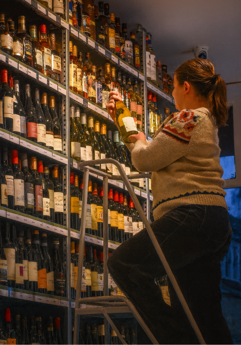 Person on a ladder selecting a bottle from a well-stocked shelf in a liquor store.