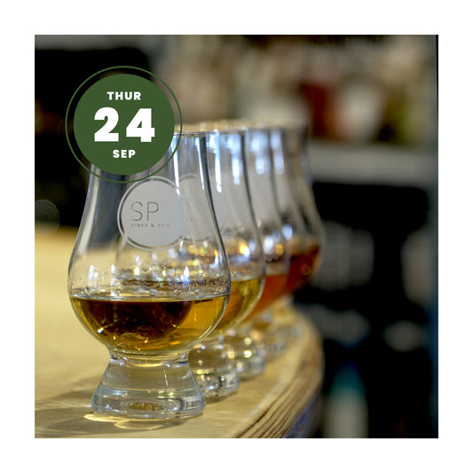 A row of clear Glencairn glasses on a wooden bar counter, each partially filled with whisky, with a Spy date overlay reading 'THUR 24 SEP' for an upcoming whisky tasting.
