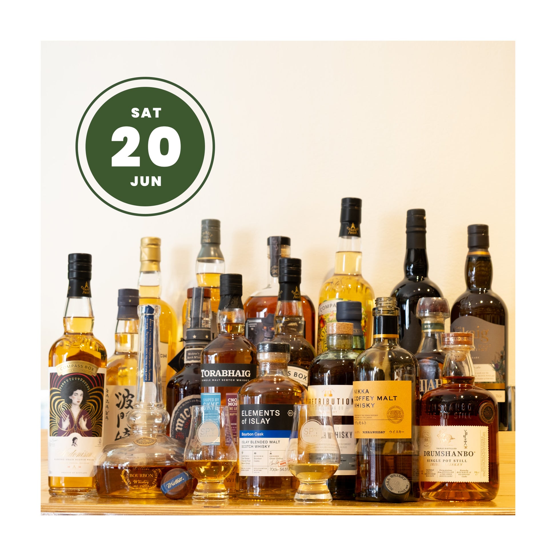 Collection of whiskey bottles on a wooden shelf with a date label 'Sat 20 Jun', indicating date for a whisky tasting.