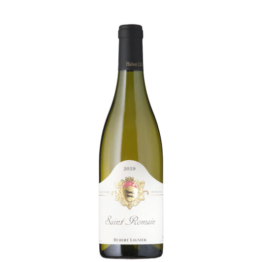 A bottle of Hubert Lignier Saint-Romain Chardonnay white wine from Burgundy with a label depicting heraldry in gold and red.
